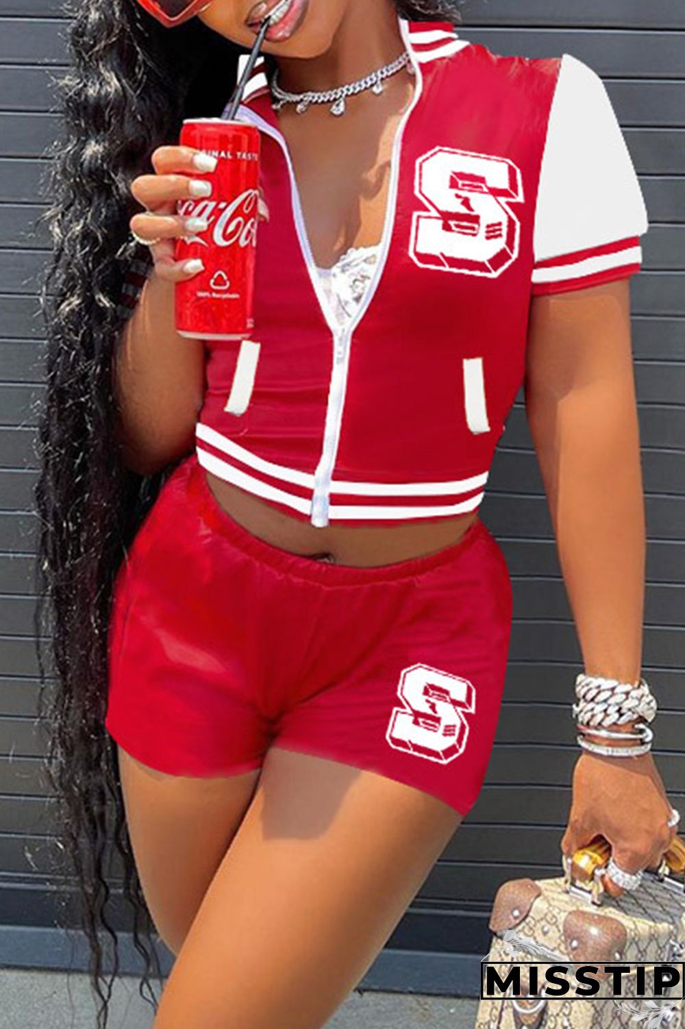 Red Fashion Casual Letter Print Patchwork Zipper Collar Short Sleeve Two Pieces