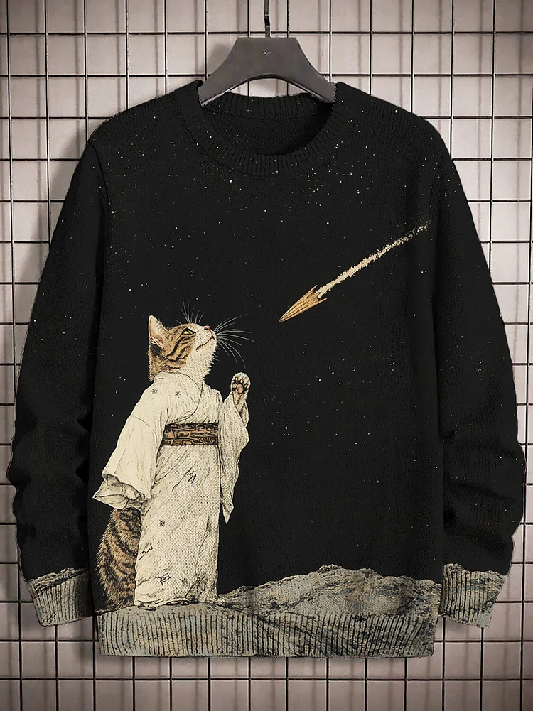 Men's Cat And Comet Art Print Knit Sweatshirt
