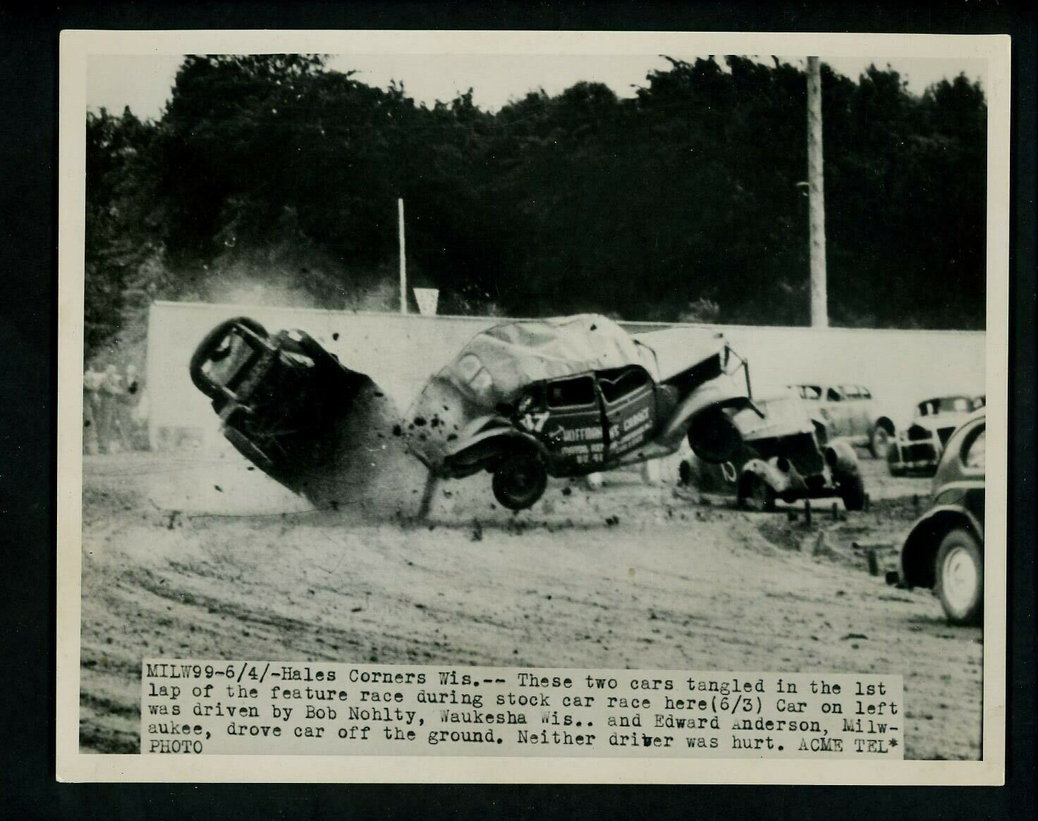 Stock Car Race CRASH at Hales Corner 1951 Press Photo Poster painting Bob Nohlty Edward Anderson