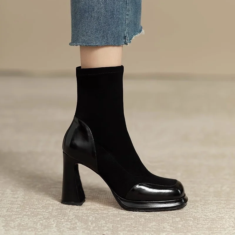 Tanguoant Tanguoant Autumn And Winter Retro Thick Heel Short Boots Women's Splicing Waterproof Platform Simple Elastic Thin Boots High Heel Short Tube Single Boots