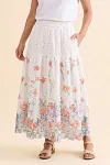Women's Floral Print Eyelet Tiered Maxi Skirt, 100% Cotton Elastic Waist Boho Midi Skirt with Pockets, Casual Summer A-Line Long Skirt