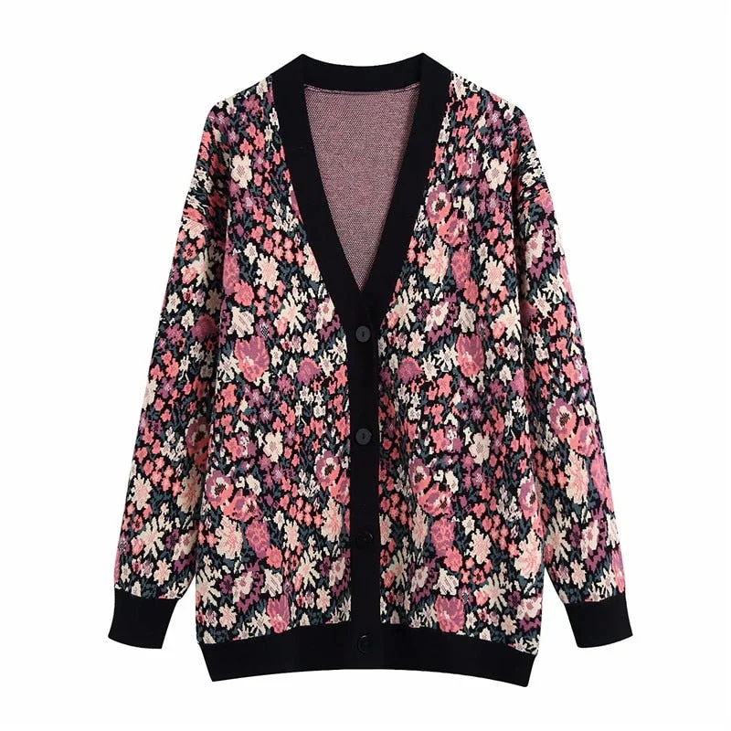 Za 2021 Jacquard Floral Knit Cardigan Women Long Sleeve V Neck Winter Sweaters Chic Button Up Feminine Vintage Loose Cardigans