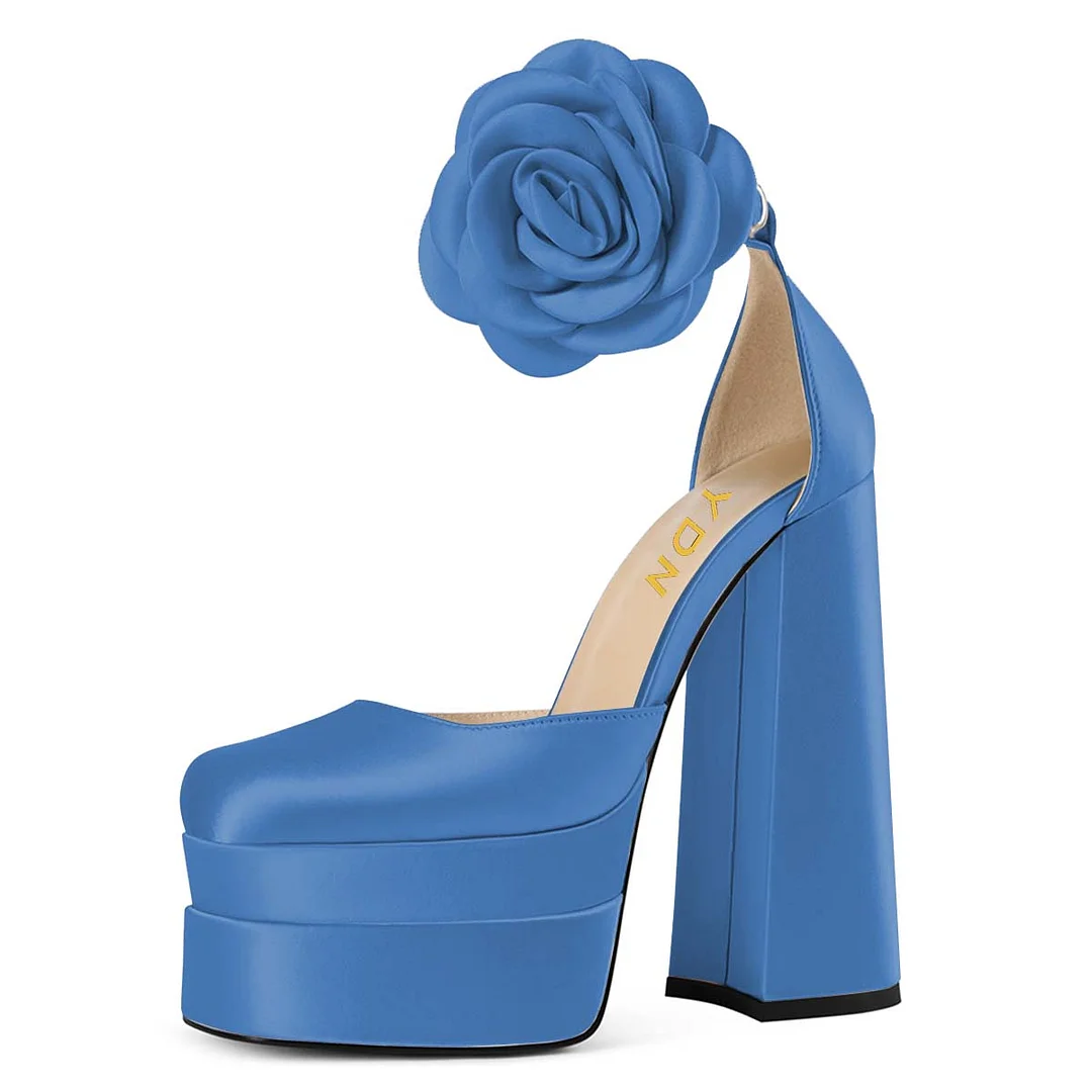 Satin Square Toe Floral Ankle Strap Blue Chunky Heels with Platform