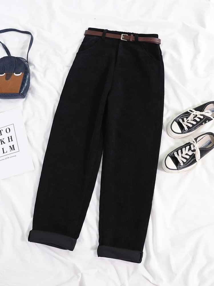 JMPRS Women Spring Corduroy Pants High Waist Autumn Vintage Korean Casual Wide Leg Pants Elegant Belt Loose Cotton Streetwear - Shop Trendy Women's Clothing | LoverChic