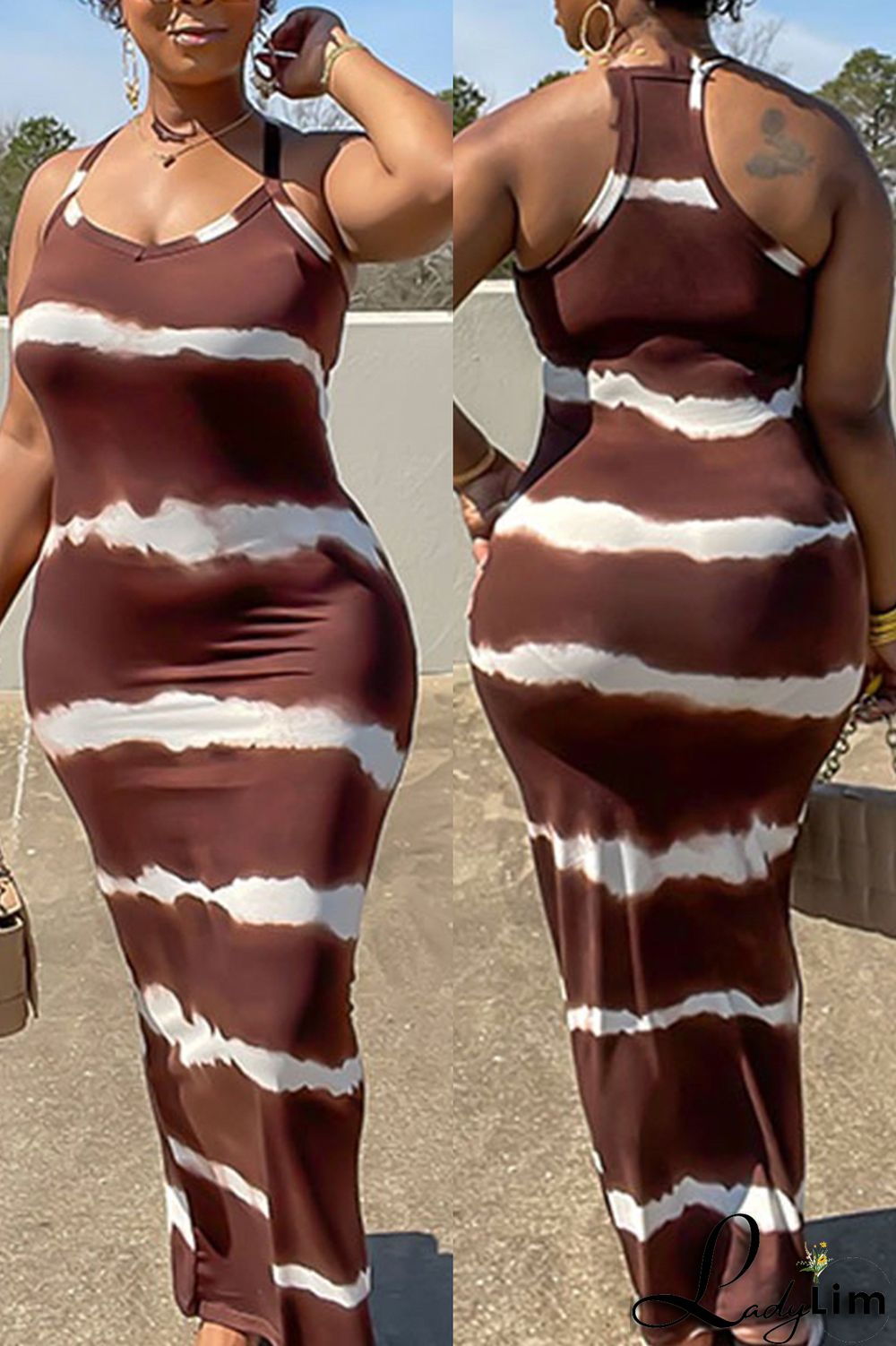 Coffee Fashion Print Backless Spaghetti Strap Long Dress