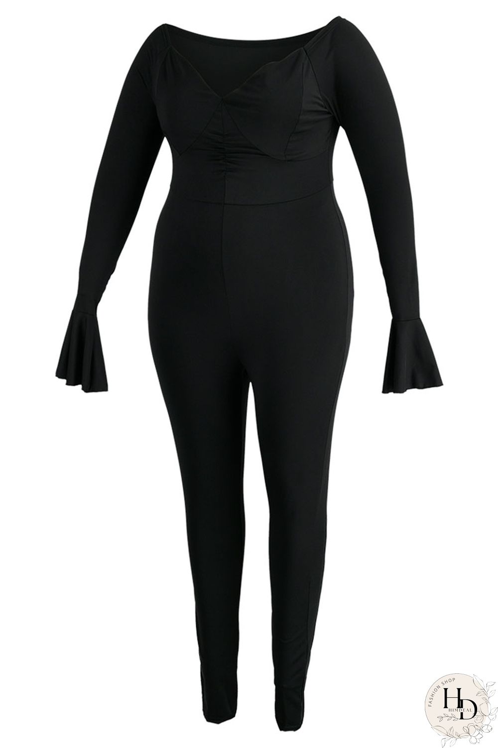 Black Sexy Solid Patchwork V Neck Plus Size Jumpsuits