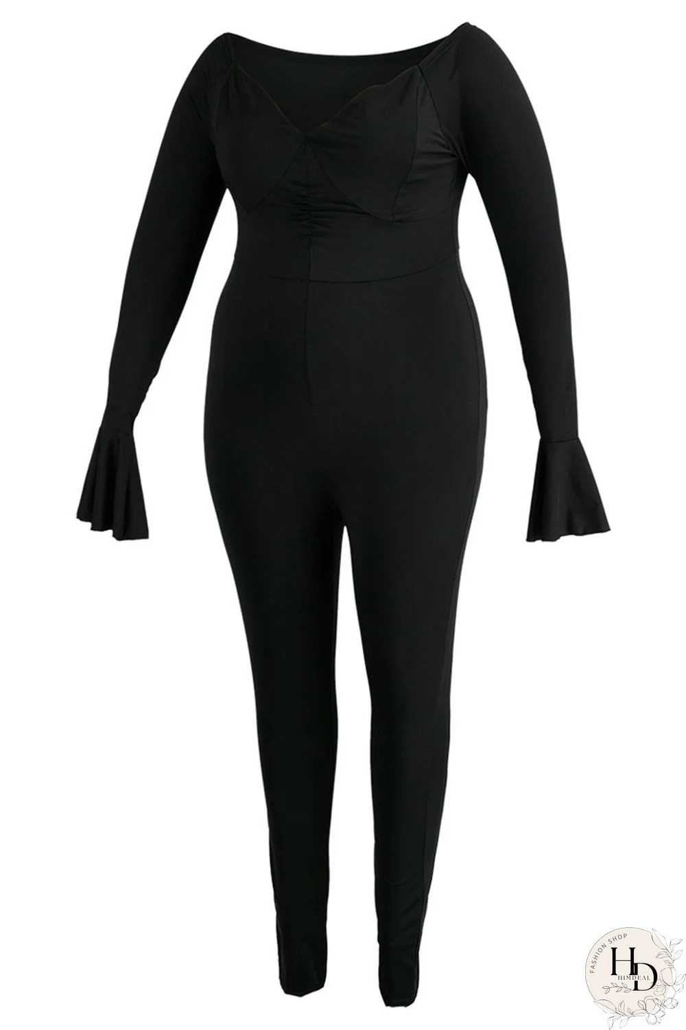 Black Sexy Solid Patchwork V Neck Plus Size Jumpsuits