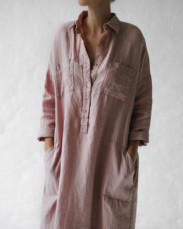 Casual Pink Solid Linen Pullover Shirt Dresses with Pockets - Chicaggo