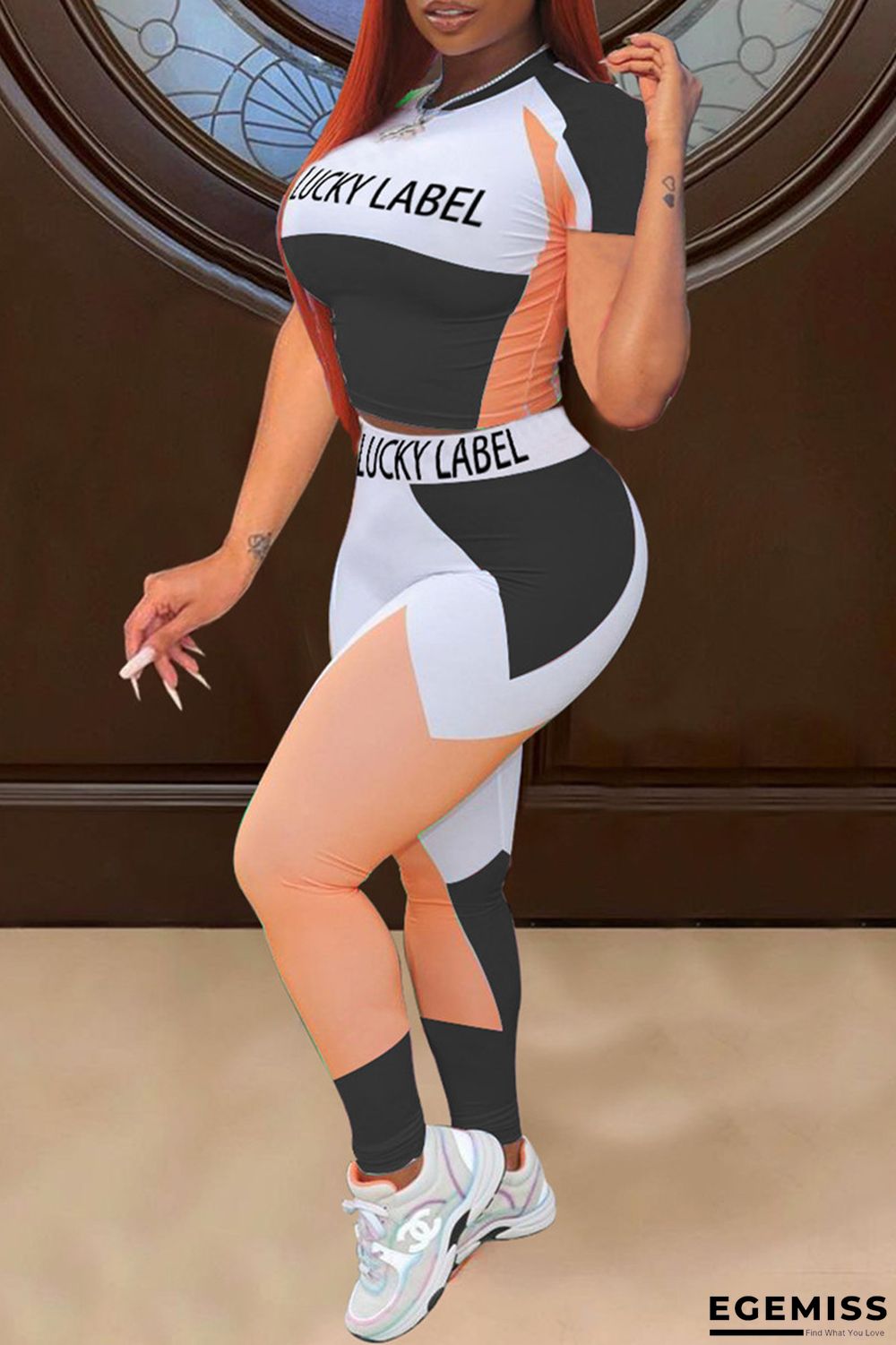 Black Casual Sportswear Letter Print Patchwork O Neck Short Sleeve Two Pieces | EGEMISS