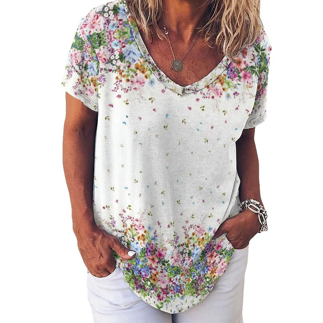 V-neck Short Sleeve Casual T-shirt for  Women Printed with Pattern Floral, Red, Green, Colorful