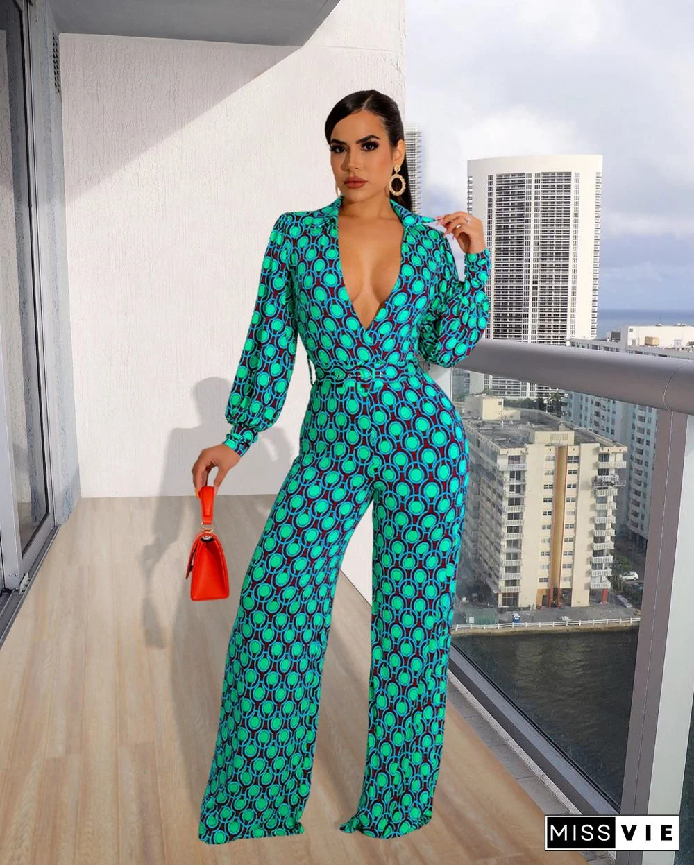 Deep V Long Sleeve Print Wide Leg Jumpsuits