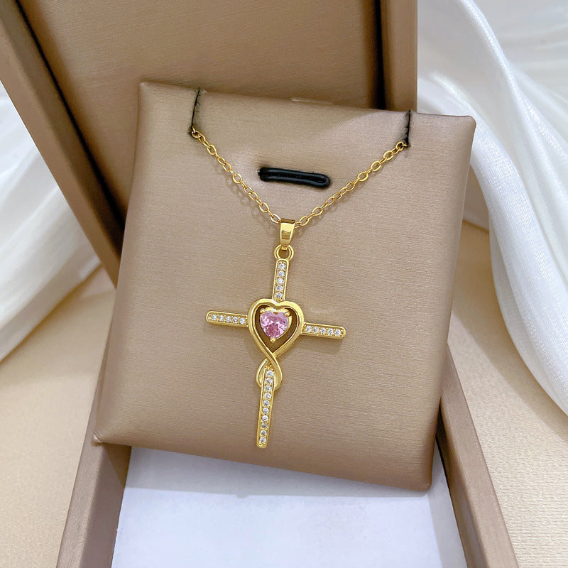 Cross Full Diamond Gorgeous Full Diamond Necklace Women’S Versatile Clavicle Chain Titanium Steel Chain