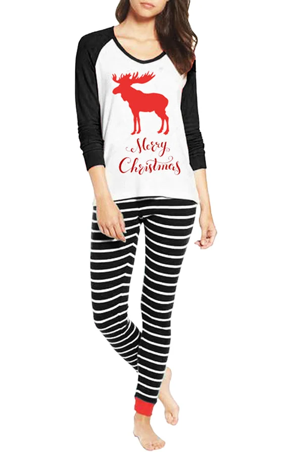 Long Sleeve Reindeer Print Striped Christmas Pajama Set Black-elleschic