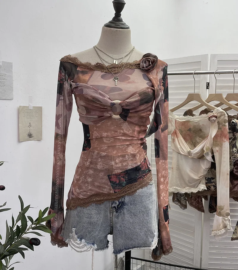 Churchf Real Shooting Lace Splicing Oblique Shoulder Thin Tie-Dye Mesh T-Shirt Girl T-Shirt T-Shirt Shawl T-Shirt 9986