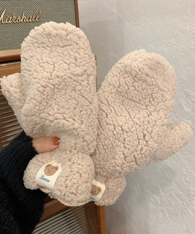 Winter Beige Bear Gloves Cute Plush Warm Thick