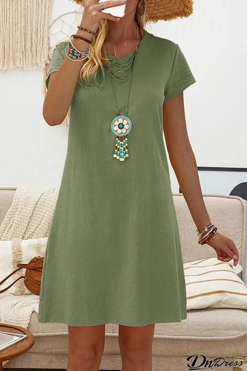 Summer Casual Solid V Neck Short Sleeve Dress