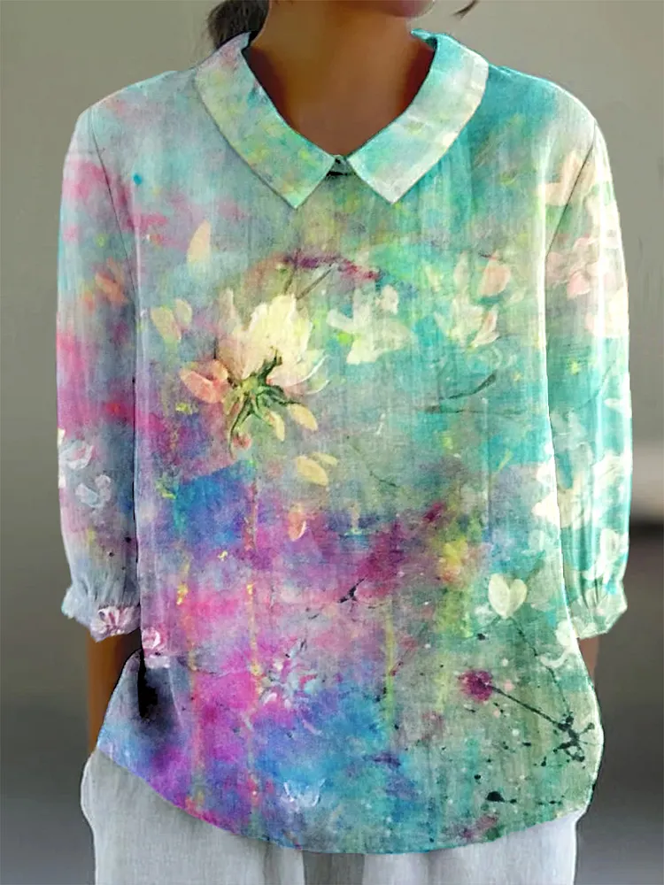 Womens Abstract Hazy Artistic Floral Pattern Casual Cotton And Linen Top