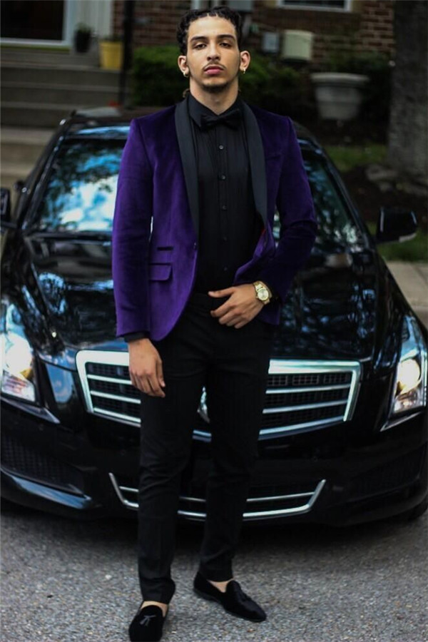 Dresseswow Handsome Black Lapel Suit Wedding Dress Purple Velvet With Two Piece