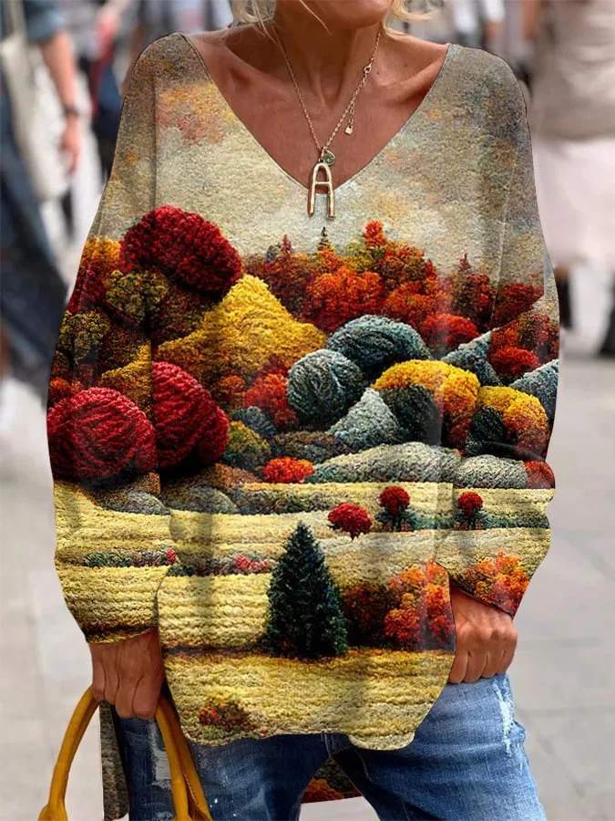 Women's Landscape Printed French Cashmere V-Neck Top
