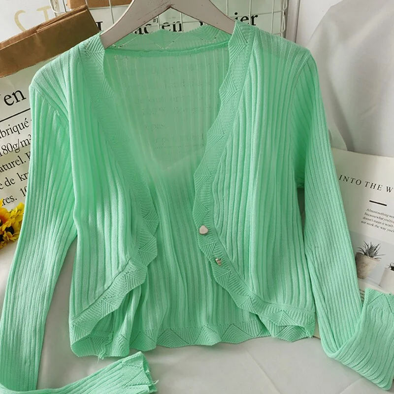 Syiwidii Short Sweater Women Summer 2021 Fashion V Neck Long Sleeve Irregular Crop Tops Thin Clothing for Women Green Blue White