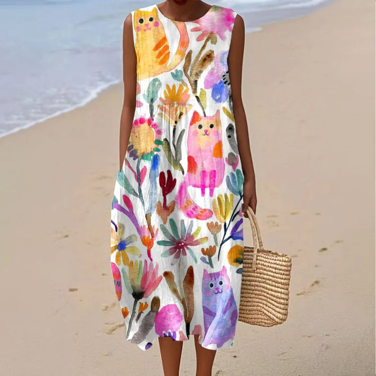 Simpfit Ärmelloses Wickelkleid mit Vintage-Blumen- und Katzen-Kunstdruck für Damen