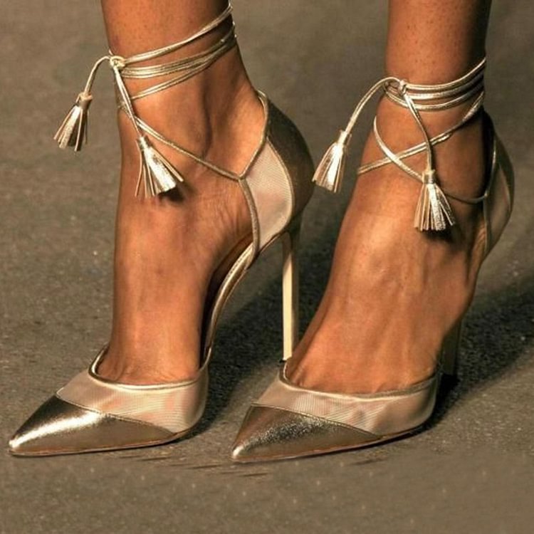 Champagne Strappy Heels Lace up Pointy Toe Stiletto Heel Pumps |FSJ Shoes