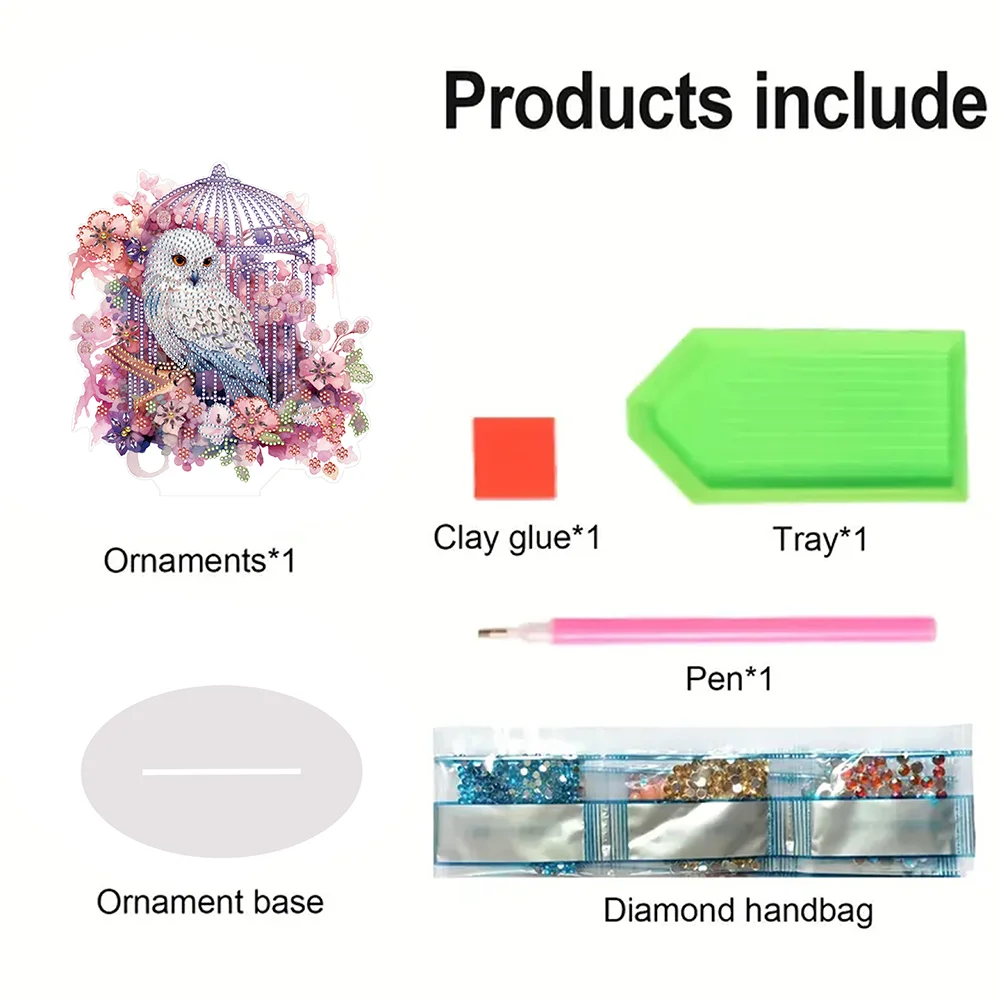DIY Owl Cage Acrylic Single-Sided Diamond Painting Tabletop Ornament Kit for Office Desktop Decor(20*25cm)