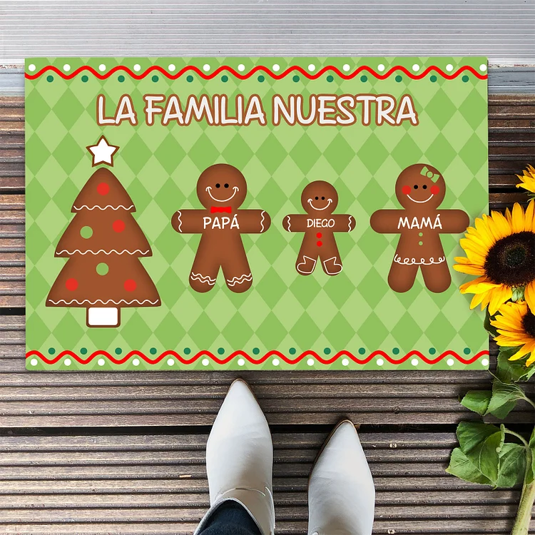 Navidad-felpudo/alfombra de entrada familia de hombres de jengibre personalizado con 3 nombres