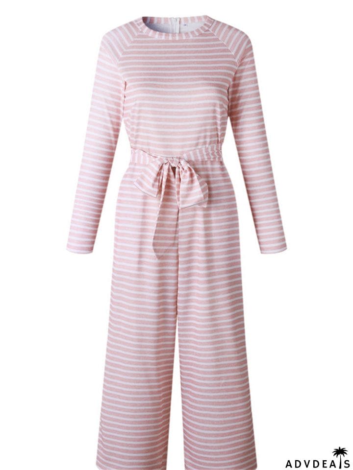 Women's Boho Striped Long Sleeve Round Neck Lace Up Rompers