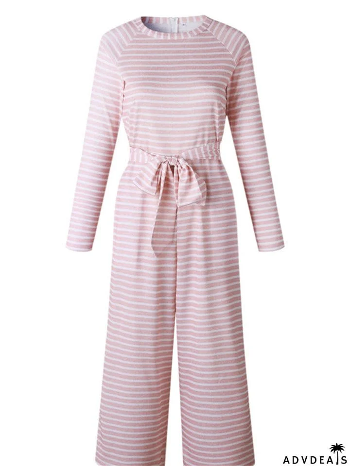Women's Boho Striped Long Sleeve Round Neck Lace Up Rompers