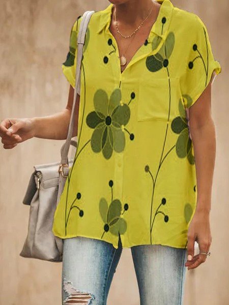 V Neck Floral Short Sleeve Cotton-Blend Shirts & Tops