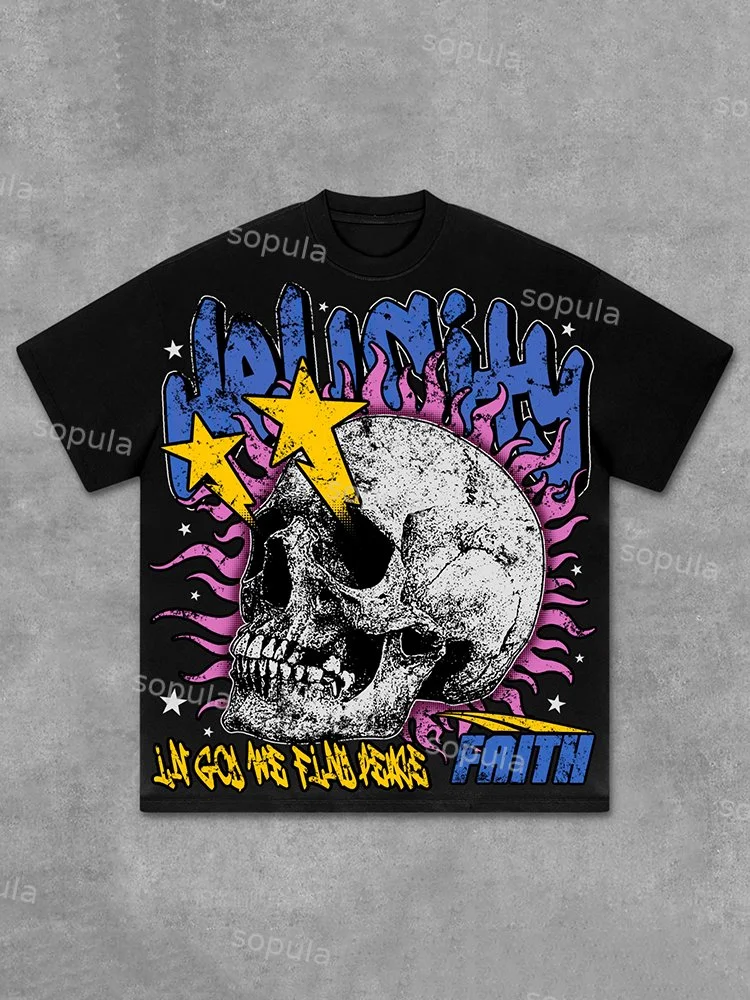 Flame Skull & Hell City Faith Vintage Old Graphic Cotton T-Shirt