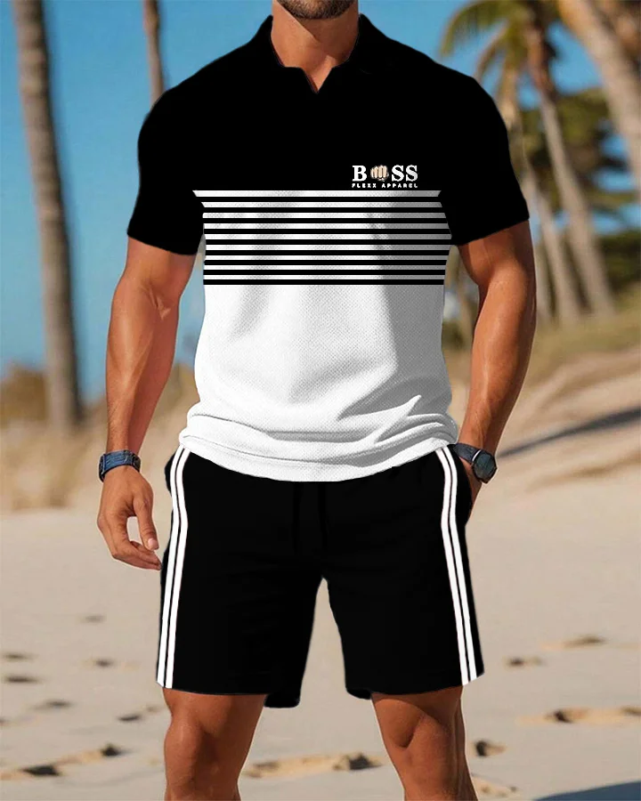Cool Coast Men's Black and White Striped POLO Shirt Set