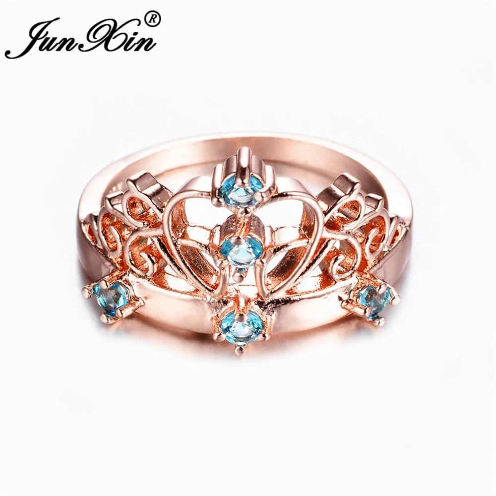 JUNXIN Luxury Female Light Blue Crown Ring Rose Gold Filled Jewelry Promise Engagement Rings For Women Birthday Stone Gift
