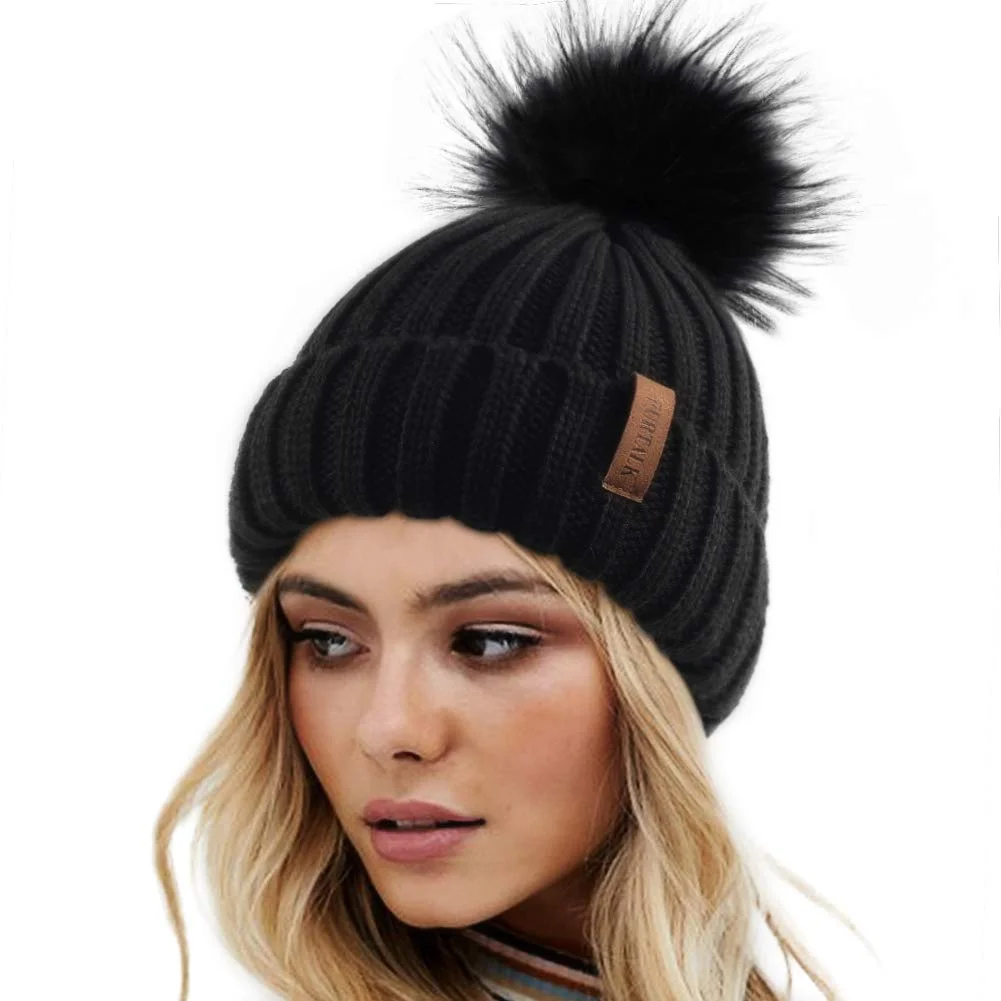 Winter Knitted Beanie Hat with Faux Fur Pom Warm Knit Skull Cap Beanie for Women