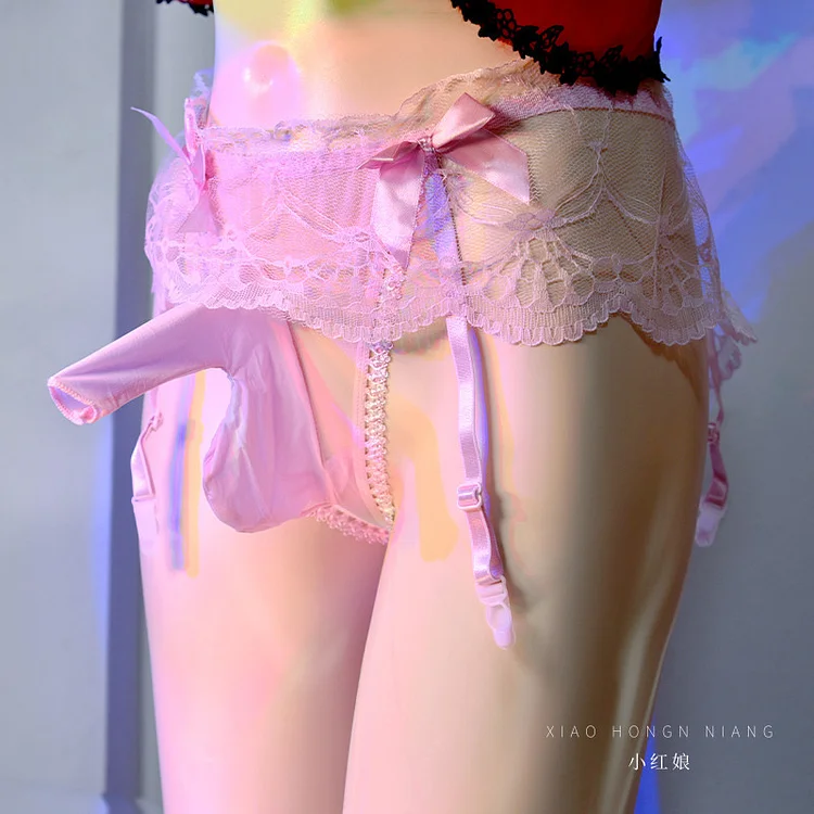 Men's Silk Stockings Suspenders One Piece Lace Underwear Faggot Low Waist Transparent