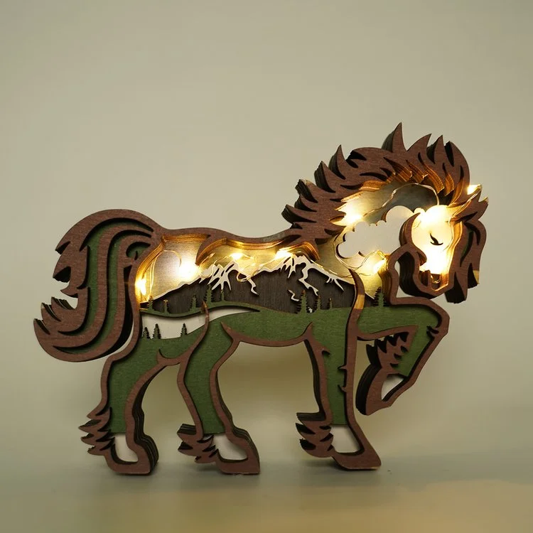 Horse Totem Wooden Home Decoration 3D Carving Forest Animal Night Light