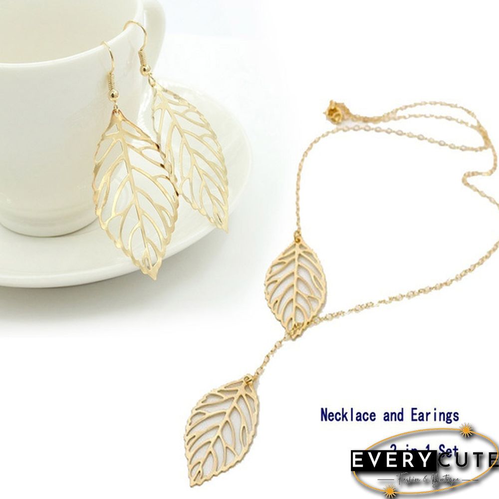 2 in 1 Set Leaves Necklace and Earings Fashion Women Jewelry Set Forest Style Double Leaves Silver Necklace