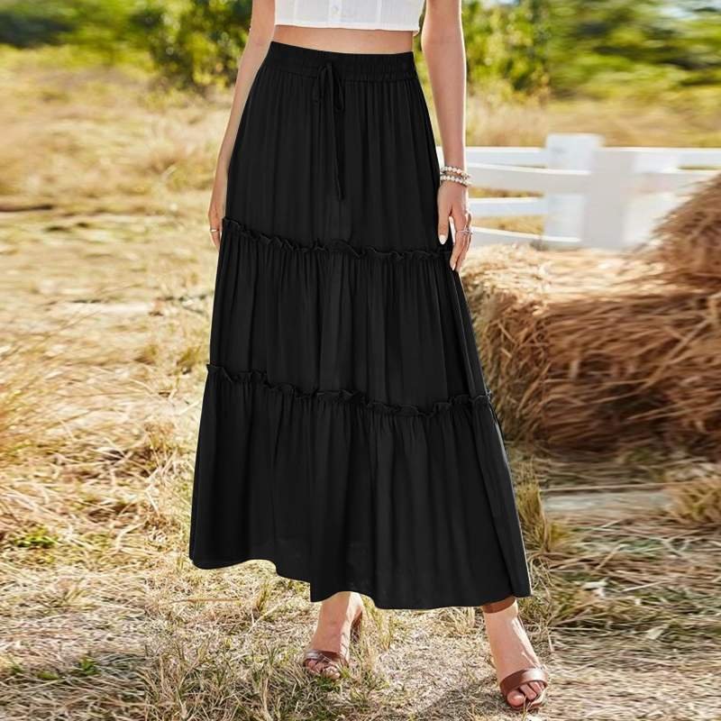 Summer Elastic Waist Solid Party Holiday Skirt ZANZEA Elegant Women Ruffles Long Skirts Vintage A-line Work Jupe Faldas Saia 7