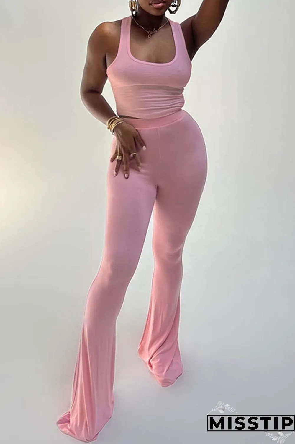 Pink Casual Solid Vests Pants U Neck Sleeveless Two Pieces