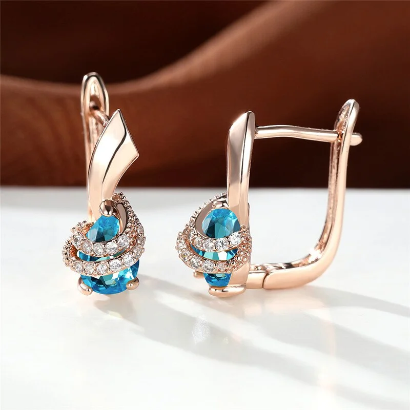 Charm Female Rainbow Zircon Hoop Earrings Water Drop Crystal Stone Earrings Rose Gold Color Wedding Earrings For Women