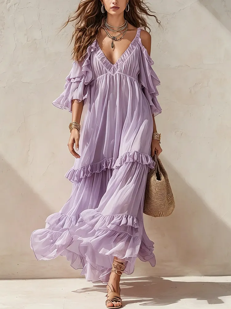 Bohemian Off-shoulder Ruffled Maxi Dress With Flared Hem
