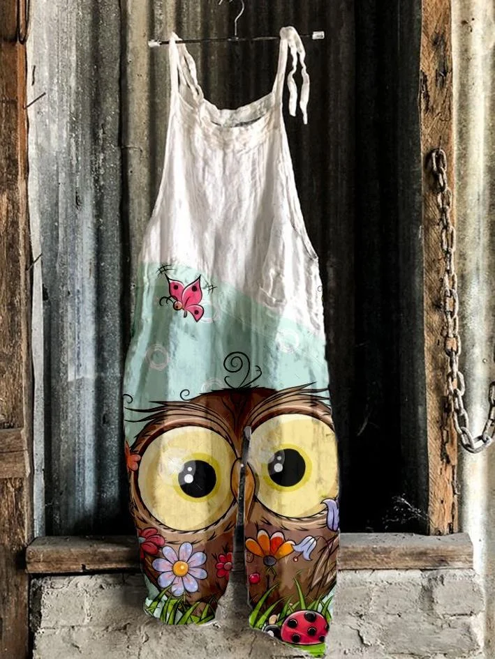 Retro casual owl printed overalls