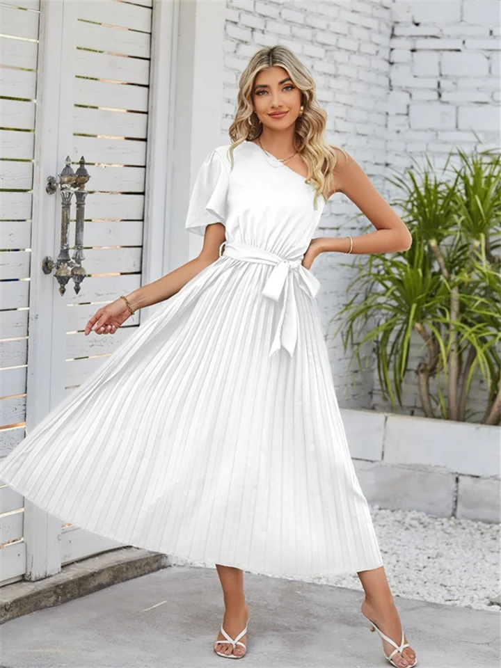 Summer Europe and The United States High Waist Solid Color Half Open Neck Women's Oblique Shoulder Backless Tied Hem Pleated Short-sleeved Dress