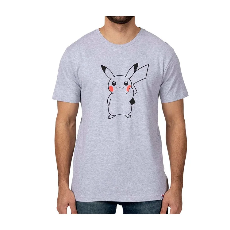 Pikachu Holding Flower Heather Gray Relaxed Fit Crew Neck T-Shirt - Men