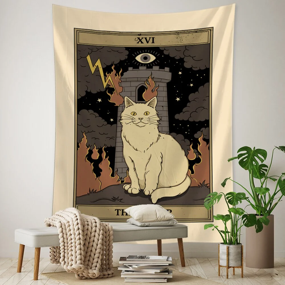 Tarot Card Tapestry Wall Hanging Bohemian Style Cat Mysterious Divination Witchcraft Beach Moon Phases Beautiful Room Decor