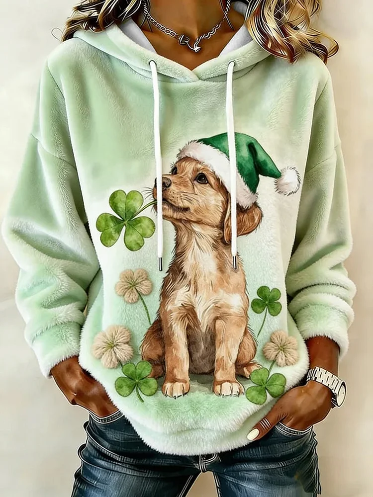 Women's Cute Shamrocks Puppy Print Flannel Hoodie