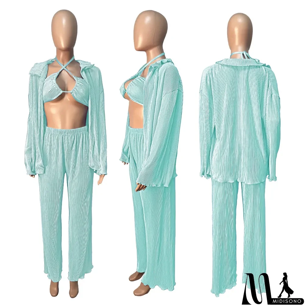 MidiSono - Fall Solid Color Wide Leg Pants Three-Piece Set