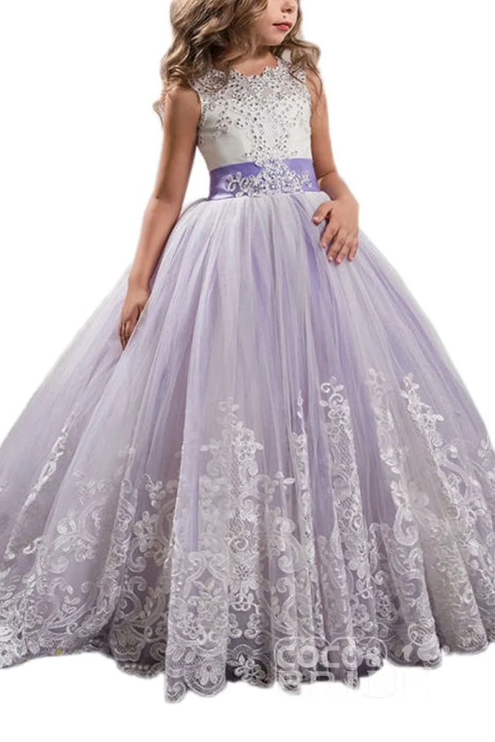Daisda Scoop Neck Sleeveless Ball Gown Flower Girls Dress Tulle with Lace Beads