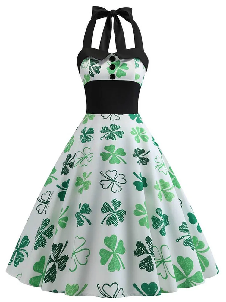 Mayoulove Retro Dresses Halter A-Line Sleeveless Vintage Dress with Four-leaf Clover Pattern-Mayoulove